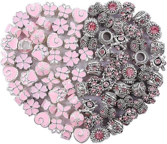 60 Pieces Assorted European Beads with Plating Silver Metal Alloy Rhinestone Large Hole Spacer Beads for DIY Charm Bracelet Jewelry Making (Pink)