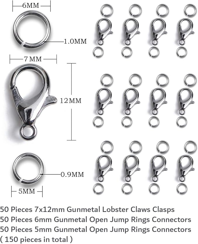 AD Beads 50 Pieces Lobster Claws Clasps Plus 100 Pieces 6mm Match Color Open Jump Rings Suitable for Necklace Bracelets Jewelry (7x12mm, Gunmetal)