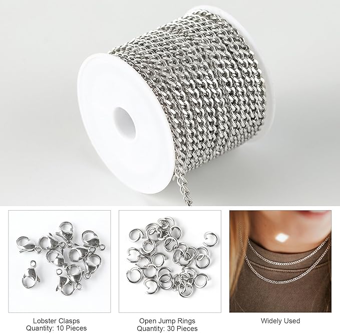 Kyutong Twist Curb Link Chain Bulk Silver Jewelry Making Chain Supplies 16.4 Feet Stainless Steel Chain Roll Making Craft DIY Bracelet Ankle with Lobster Clasps and Jump Rings