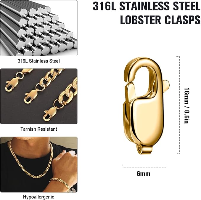 15PCS 16MM Gold Lobster Clasps, 18K PVD Gold Plated 316 Stainless Steel Lobster Claw Clasps Bulk for Necklace Bracelet Jewelry Making DIY Craft