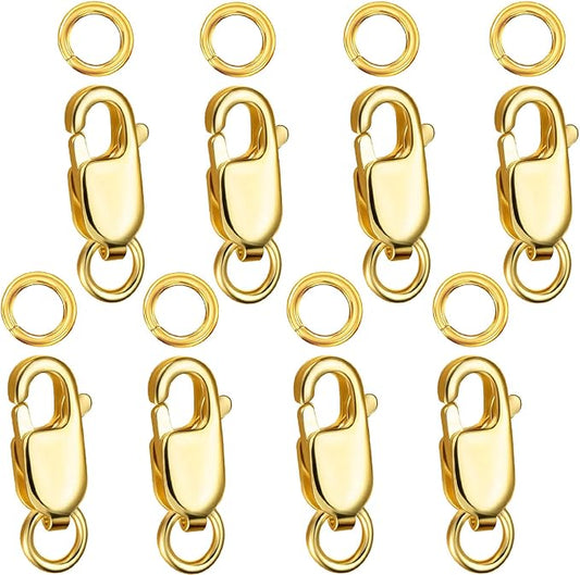 Kcctoo Silver Lobster Claw Clasp with Closed Jump Rings 14K Gold Necklace Clasps and Closures for Jewelry Making, Made in Italy 12mm(0.47inch) (8pcs Gold)