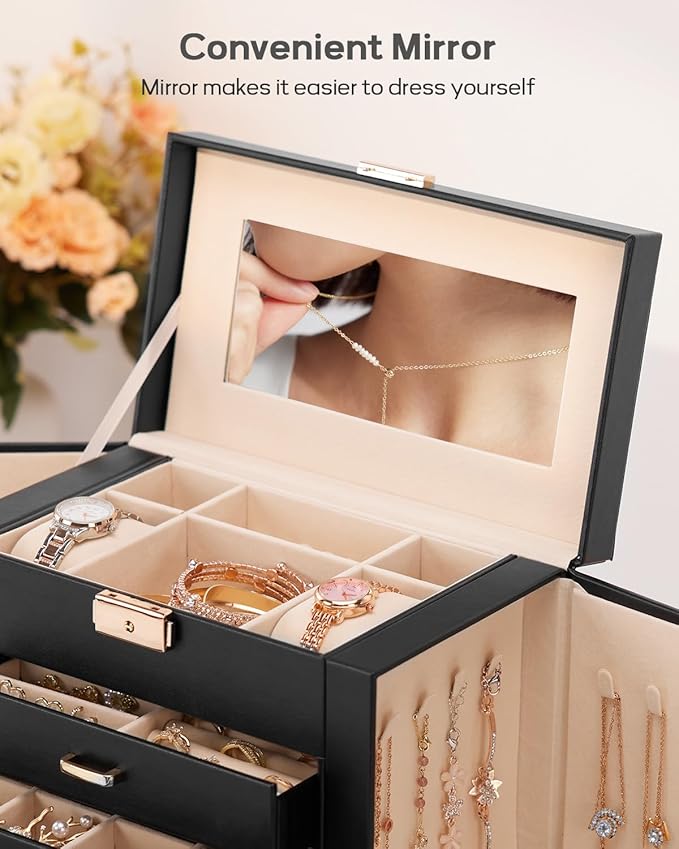 Homde Valentine's Day Gifts Synthetic Leather Huge Jewelry Box Mirrored Watch Organizer Necklace Ring Earring Storage Lockable Gift Case (Black + Gold)