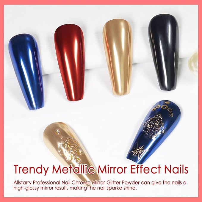 Allstarry Christmas Chrome Nail Powder, 4 Colors Metallic Mirror Effect Blue Gold Red Chrome Powder Manicure Chrome Pigment Glitter Dust Kit for Gel Polish Nail Art Decoration - Ruby Sapphire Series