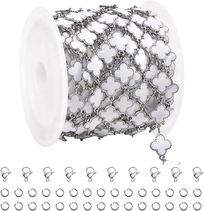 Stainless Steel Chain for Jewelry Making 3 Meters 8mm White Enamel Clover Permanent Jewelry Chain Roll Bulk with Lobster Clasps Jump Rings