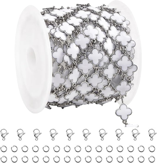 Stainless Steel Chain for Jewelry Making 3 Meters 8mm White Enamel Clover Permanent Jewelry Chain Roll Bulk with Lobster Clasps Jump Rings