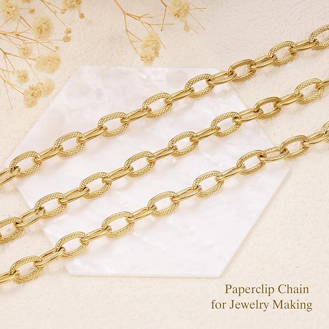 GTVOODX 18K Gold Plated Cable Chains Bulk Chunky Stainless Steel Unsoldered Textured Oval Link Chain Roll Spool for DIY Jewelry Making Supplies Findings