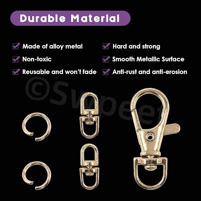 Swpeet Assorted 150Pcs Golden Keychain Making Kit, 50Pcs Swivel Lobster Claw Clasps, 50Pcs Rotating 8-Shaped Buckle Claw Clasp, 50Pcs Jump Ring, Swivel Trigger Hook, Swivel Clasps Lanyard Snap Hook