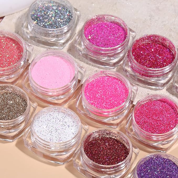 Holographic Sugar Glitter Powder for Nails, 12 Colors Iridescent Sugar Nail Dipping Powder Pigment Ultra Fine Sparkle Nails Gel Polish Glitter Dust Manicure Decoration for Home DIY Salon