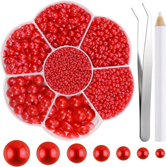 NACHLYNN 6480 Pcs Flat Back Pearl 7 Sizes Red Half Round Beads for Crafts Embellishment - Peach Flatback Pearls for Shoes, Clothes, Bags DIY Making