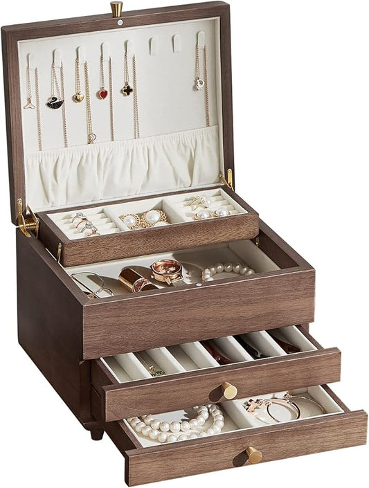 Wooden Jewelry Box, 3 Layer Large Jewelry Organizer for Women, Jewelry Storage, for Necklaces Rings Earring Watches Bracelets, Black Walnut Wood, Valentine's Day Gift