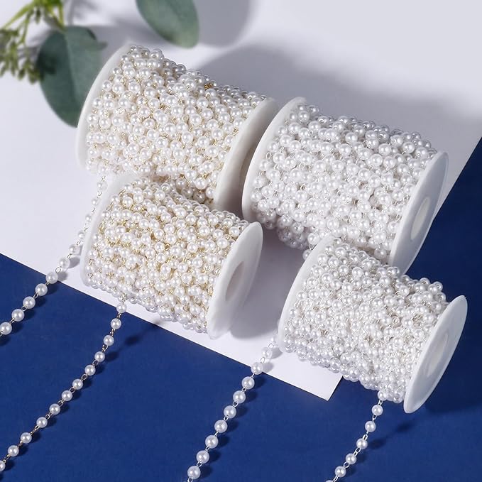 [33 FT] Silver Plated Pearl Beads Chain Bulk for Jewelry Making, 4mm Pearls Beaded Brass Oval Link Chains Roll Spool for DIY Craft Jewelry Making