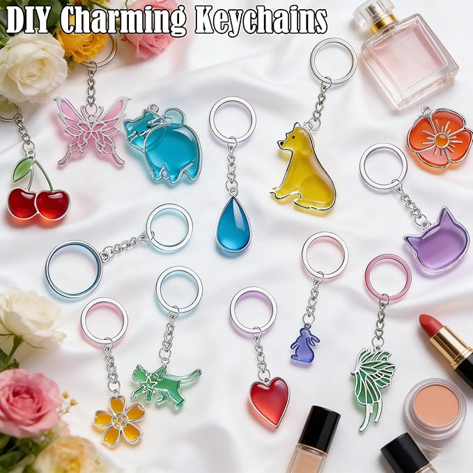 40Pcs UV Resin Keychain Molds – All-in-One Craft Supplies for Personalized Keychain Jewelry Making with 15 Designs (Animals, Flowers), Metal Molds, 20 Keyrings & 40 Jump Rings