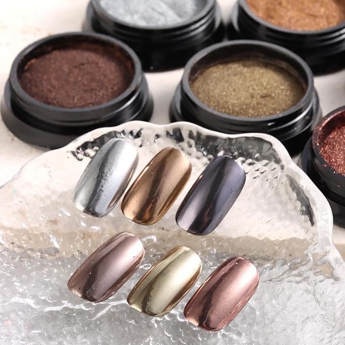 Chrome Nail Powder Mirror Effect Metallic Dust, 6 Colors Bronze Brown Black Rose Gold Holographic Glitter Chrome Powder Pigment for DIY Gel Polish Nail Art Decoration, Resin Craft