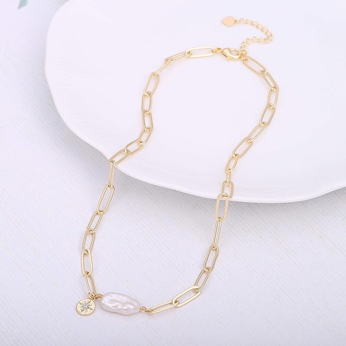 Aobei Pearl 18K Gold Plated Paperclip Chain Choker Satellite Chain Freshwater Cultured Biwa Pearl Pendant Necklace Dainty Jewelry for Women