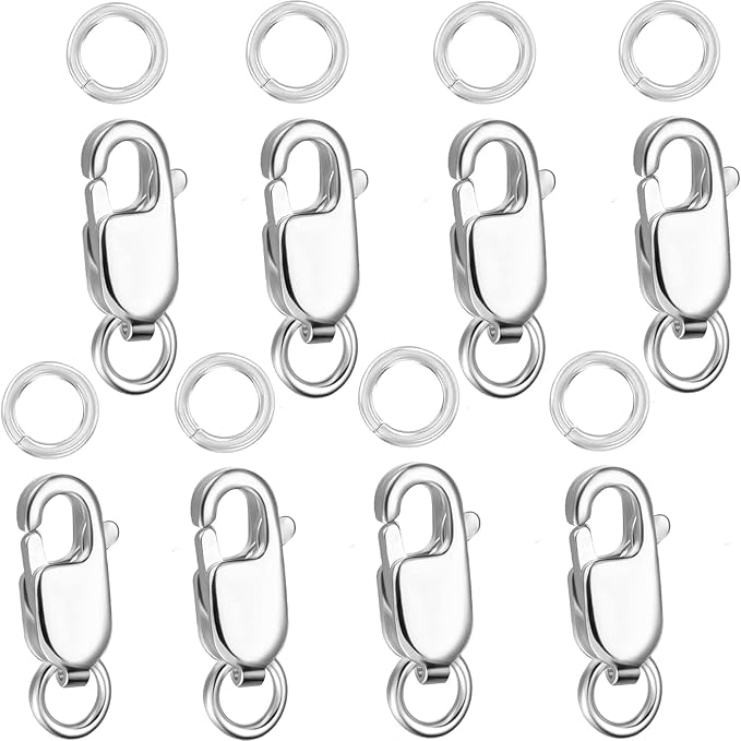 Kcctoo Silver Lobster Claw Clasp with Closed Jump Rings 14K Gold Necklace Clasps and Closures for Jewelry Making, Made in Italy 12mm(0.47inch) (8pcs Silver)