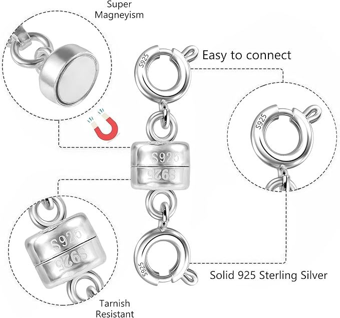 925 Sterling Silver Magnetic Necklace Clasps and Closures, White Gold Plated Spring Clasps Magnetic Connector Clasp for Bracelet Anklet Neckalce DIY Jewelry Making Supplies