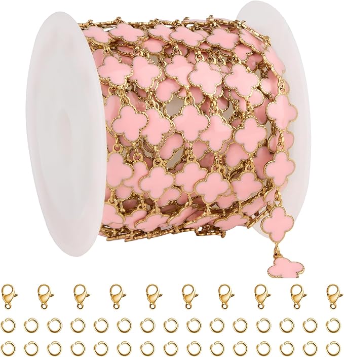 GTVOODX 8mm Pink Enamel Clover Chain Roll Gold Filled 3 Meters Stainless Steel Handmade Link Chains Spool Bulk for Women Jewelry Making with Lobster Clasps Jump Rings