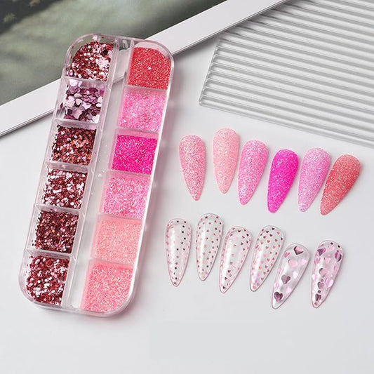 Valentines Holographic Nail Glitter Foils, 12Grid Pink Sparkly Ultra-Thin Foil Nail Art Flakes Design, Laser Nail Sequins Acrylic Supplies for Women Girls Manicure Charms Decor, DIY 3D Nail Art Tips