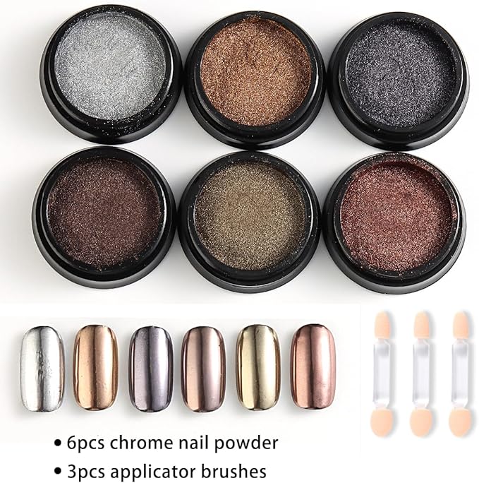 Chrome Nail Powder Set - 6 Colors Rose Gold Bronze Black Chrome Nail Powder, Mirror Effect for Nails, Metallic Rubbing Dust Chameleon Glitter Pigment Flakes, Manicure Salon Supplies