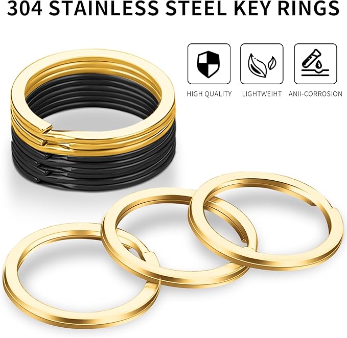 Gkeygo 12 pcs Stainless Steel Key Rings, 1 inch Flat Split Keychain Ring for Car Keys, Dog Tag, Home, Office, DIY, Black - Gold