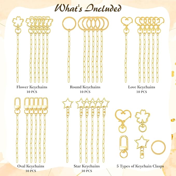 Ecoofor 50 Set Keychain Making Kit, 5 Style Metal Keychain Clips with Swivel Snap Hooks, Lobster Clasps, Key Rings & Extender Chains for DIY Crafts, Jewelry, Bags, Keychains & Gift Accessories