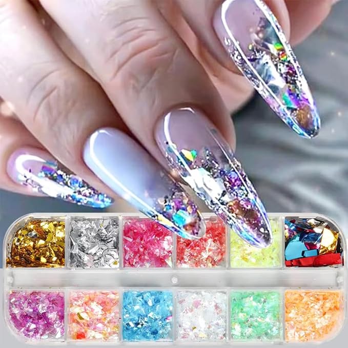 12 Colors Holographic Nail Art Glitter 3D Iridescent Glitter Nail Foil Flakes Ice Slag Nail Glitter Mermaid Flakes Colorful Fluorescent Confetti Nail Sequins Sticker for DIY Manicure Make Up Crafts