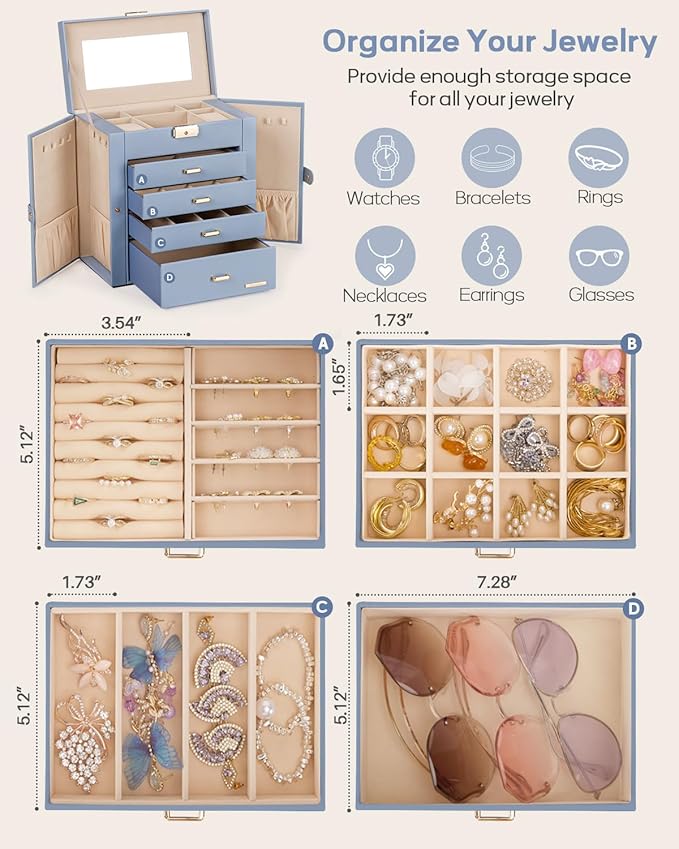 Homde Synthetic Leather Huge Jewelry Box Mirrored Watch Organizer Necklace Ring Earring Storage Lockable Gift Case (Grey Blue + Gold)