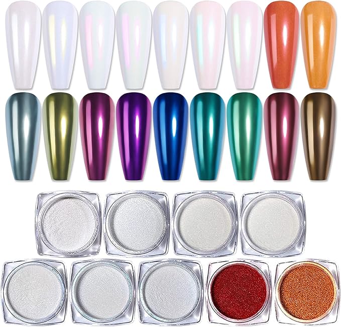 Born Pretty Chrome Powder Metallic Mirror Chameleon Pigment Powder Auroras Mermaid Nail Powder for Nail Art Gel Polish Manicure Nail Art Decorations 9 Jars