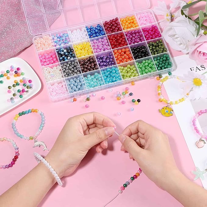 Audab 2240Pcs Pearl Beads for Jewelry Making 28 Colors, Colored Pearl Beads for Bracelets Making, 6mm Shiny Beads Small Round Pearl Bracelet Beads for Crafts, Jewelry Making and for Bracelets Making
