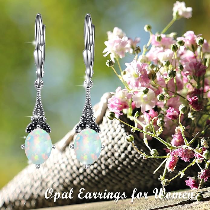 AOBOCO Vintage Earrings for Women Sterling Silver Retro Drop Dangle Leverback Earrings with 8x6mm Oval Genuine or Simulated Birthstone Crystal from Austria, Anniversary Jewelry Gifts for Her (Gift Box)
