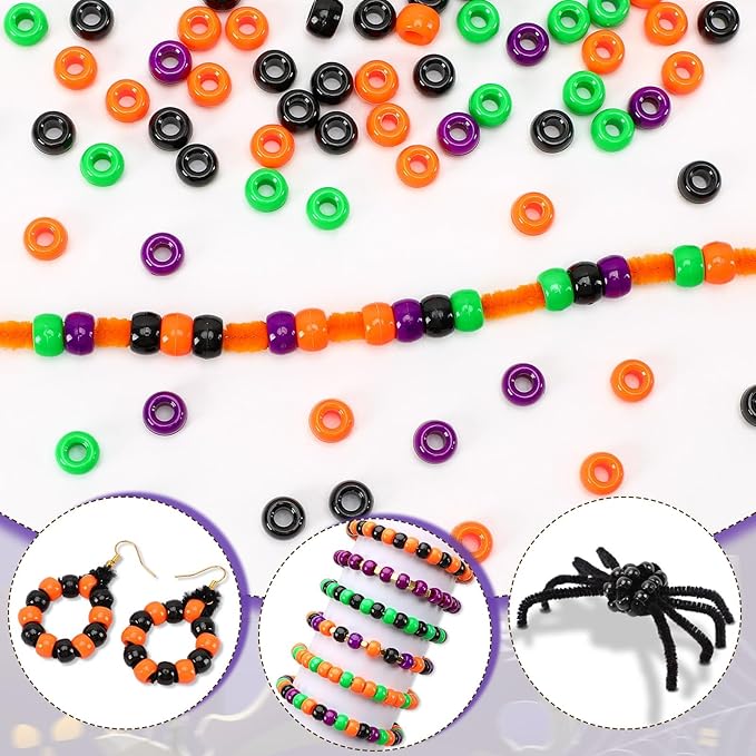 UPINS Halloween Pony Beads,1200Pcs Black Purple Orange Green Round Plastic Beads for Jewelry Making Halloween Party Decoration Necklace Bracelets Earrings Hair Beads DIY Crafts