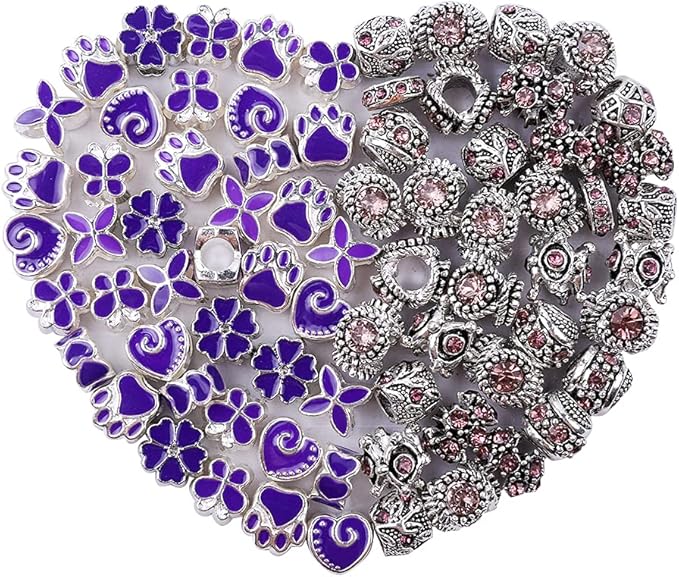 60 Pieces Assorted European Beads with Plating Silver Metal Alloy Rhinestone Large Hole Spacer Beads for DIY Charm Bracelet Jewelry Making (Purple)