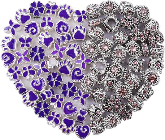 60 Pieces Assorted European Beads with Plating Silver Metal Alloy Rhinestone Large Hole Spacer Beads for DIY Charm Bracelet Jewelry Making (Purple)
