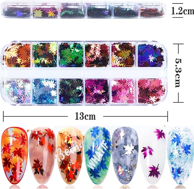 Maple Leaf Glitter Nail Art Sequins, 3D Fall Leaves Glitters Flakes Decor, Autumn Maple Leaves Shape Nail Art Design Supplies for Women Girls Manicure Charms Decorations Holiday Resin Nail Art Tips