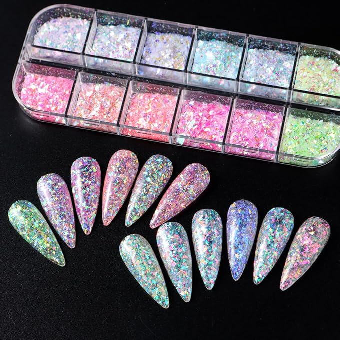 12 Colors Mermaid Nail Art Glitter Sequins Iridescent Ice Slag Nail Glitter Flakes Ultra Thin Nail Art Designs 3D Holographic Nail Sequins for Nail Art Supplies Manicure Decoration Accessories