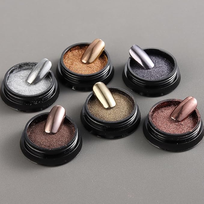 Chrome Nail Powder Set - 6 Colors Rose Gold Bronze Black Chrome Nail Powder, Mirror Effect for Nails, Metallic Rubbing Dust Chameleon Glitter Pigment Flakes, Manicure Salon Supplies