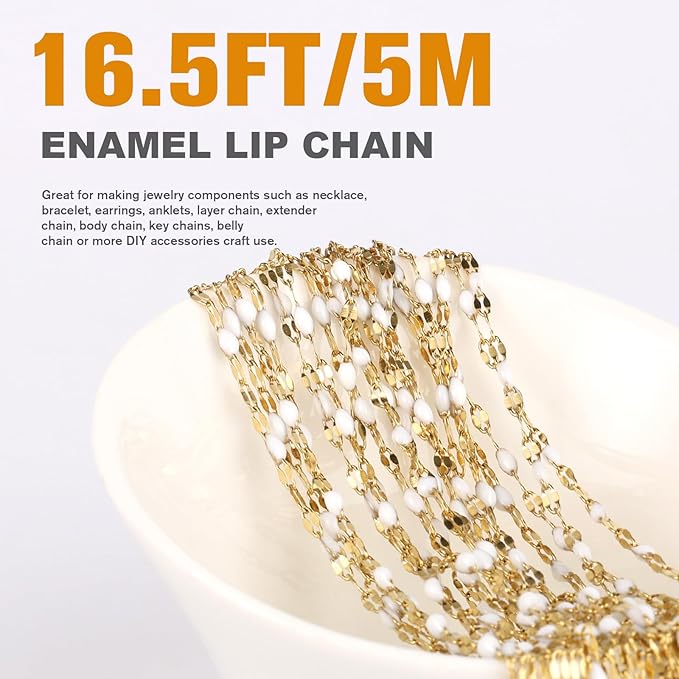 16.5FT Gold White Enamel Dapped Chain Roll, 2MM 18K Gold PVD Plated Stainless Steel Enalem Lip Link Chains Spool Bulk for DIY Jewelry Making