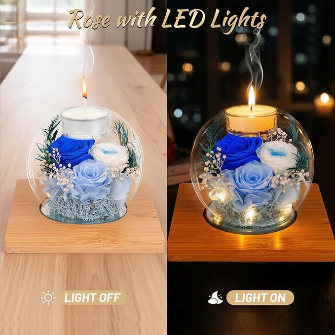 Preserved Blue Real Rose in Glass with Scented Candles–Eternal Flower Romantic Anniversary Mothers Day Christmas Birthday Valentines Day Gifts for Her, Women, Wife, Girlfriend, Mom, Grandma