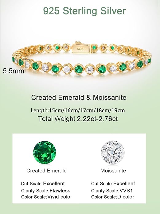 D Color VVS1 Clarity Moissanite and Genuine Sapphire/Emerald/Ruby Tennis Bracelets for Women 2.22ct-10.45ct, Solid 925 Sterling Silver, Anniversary Wedding Valentines Jewelry for Her, Length 5.9-7.5 Inch(15-19cm)