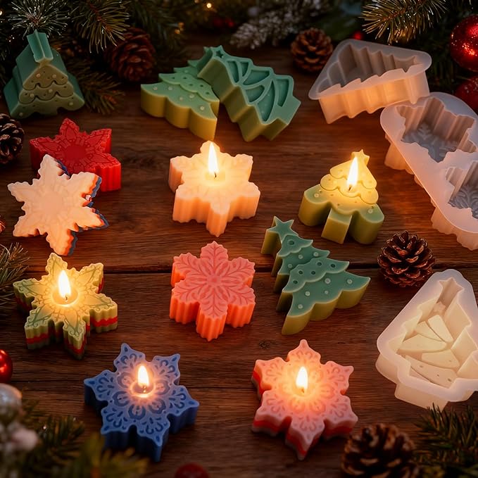 ZQYSING 5 Pcs Christmas Candle Molds, Set of 3 Christmas Tree + 2 Snowflake Silicone Mold for Candles Wax Soap Epoxy Resin Casting Home Themes Decor Handmade Gift