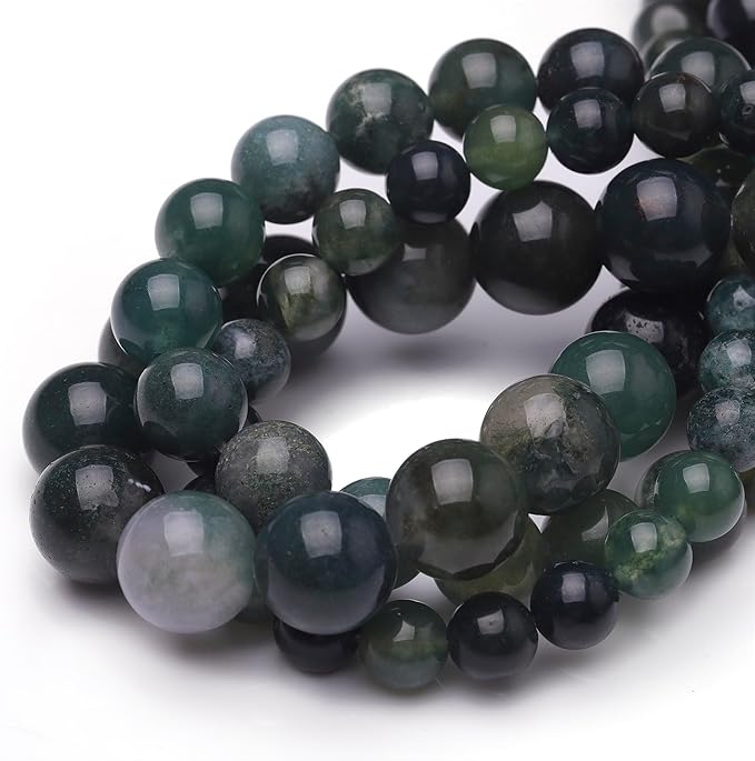 Natural Stone Beads for Jewelry Making,8mm Moss Agate Polished Smooth Round Gemstone Beads for Bracelet Necklace 15 Inch