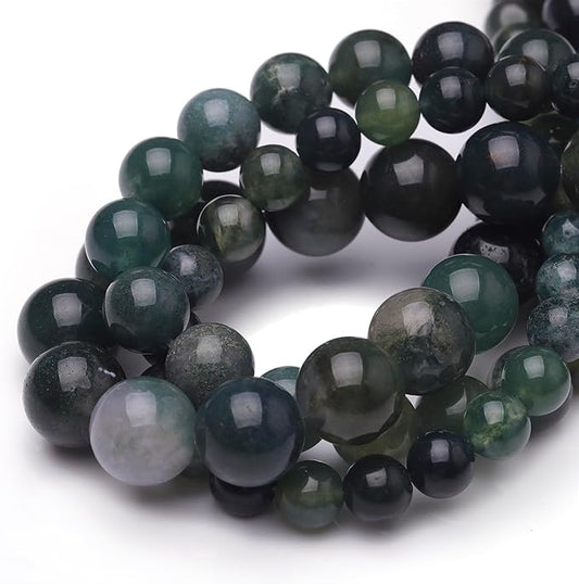 Natural Stone Beads for Jewelry Making,8mm Moss Agate Polished Smooth Round Gemstone Beads for Bracelet Necklace 15 Inch