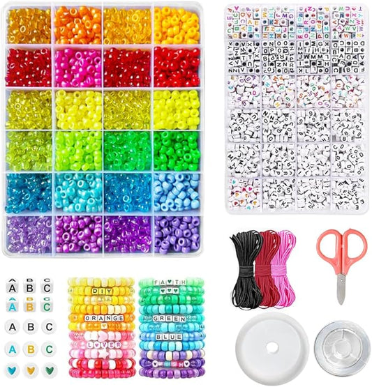 4000+Pcs Pony Beads Bulk, 6*9mm| Friendship Bracelet Making Kit with Assorted Color Plastic Beads in 2 Storage Boxes with 20m Crystal, 30m Elastic String, 3X Braided Ropes & Scissor| Ideal for Jewelry