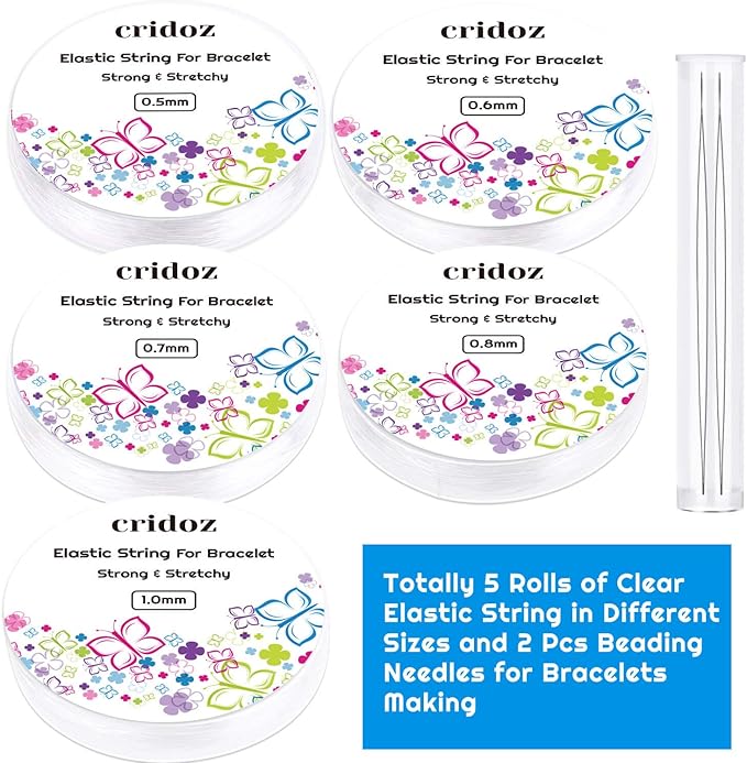 Stretchy String for Bracelets, Cridoz 5 Rolls Clear Elastic String Stretch Cord Jewelry Bead Bracelet String with 2 Pcs Beading Needles for Seed Beads, Pony Beads