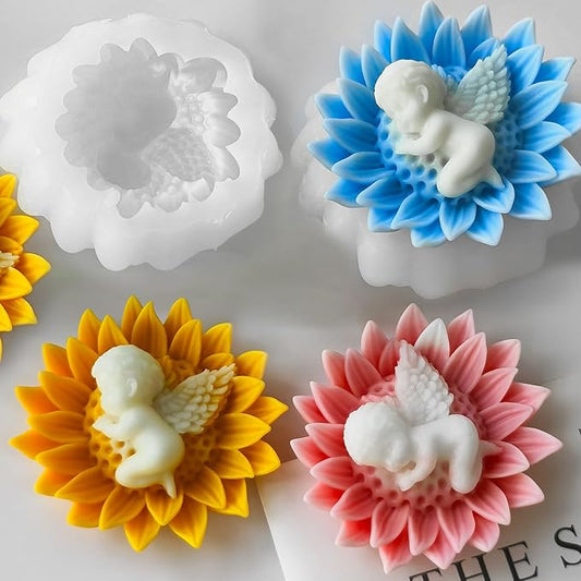 Flower Candle Molds for Candle Making, 3D Angel Baby in Sunflower Silicone Molds for Soap Making, Resin Casting, Aroma Candle, Wax, Plaster Polymer Clay Home Decor DIY Mother's Gift Baby Shower