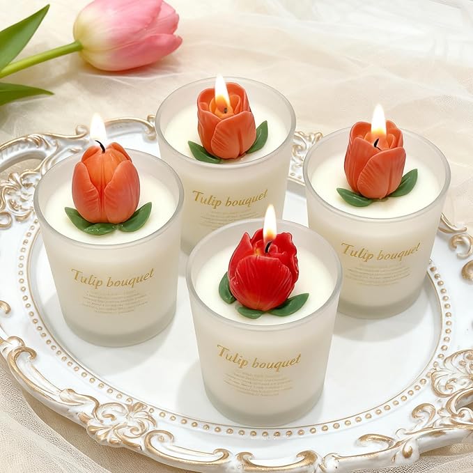 ZQYSING 4 PCS Tulip Candle Molds with Leaf Mold, 3D Flower Silicone Molds for Candles Wax Soap Clay Plaster Epoxy Resin Home Decorations