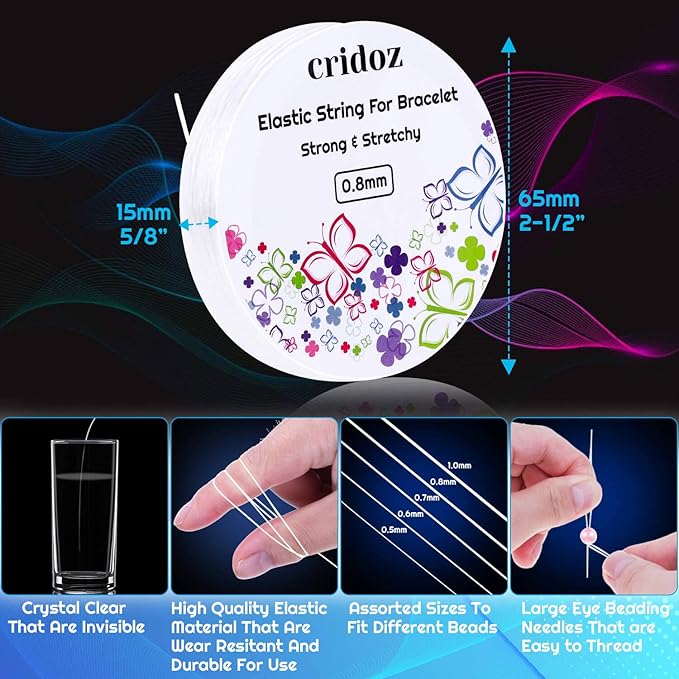 Stretchy String for Bracelets, Cridoz 5 Rolls Clear Elastic String Stretch Cord Jewelry Bead Bracelet String with 2 Pcs Beading Needles for Seed Beads, Pony Beads