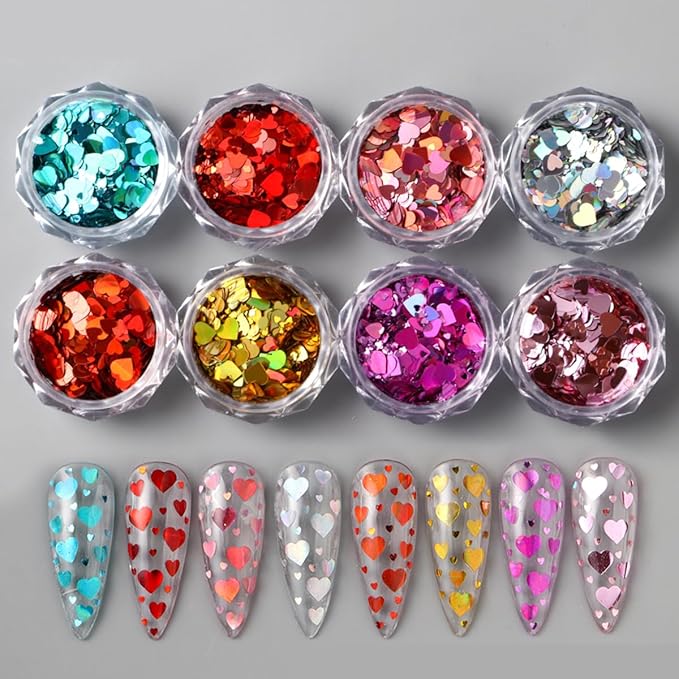 Holographic Valentines Nail Glitter Foils, 8Colors Sparkly Ultra-Thin Foil Nail Art Flakes Design, Laser Heart Nail Sequins Acrylic Supplies for Women Girls Manicure Charms Decor, DIY 3D Nail Art Tips