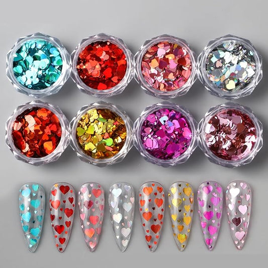 Holographic Valentines Nail Glitter Foils, 8Colors Sparkly Ultra-Thin Foil Nail Art Flakes Design, Laser Heart Nail Sequins Acrylic Supplies for Women Girls Manicure Charms Decor, DIY 3D Nail Art Tips