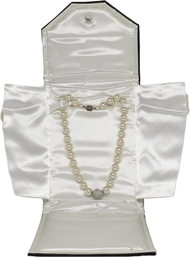 Novel Box Necklace Display Pearl Folder 8x6 inch Large Travel Jewelry Case - Wedding Jewelry Storage Holder with Smooth Finish - Jewelry Organizer Necklace Box - Black/White Stitched